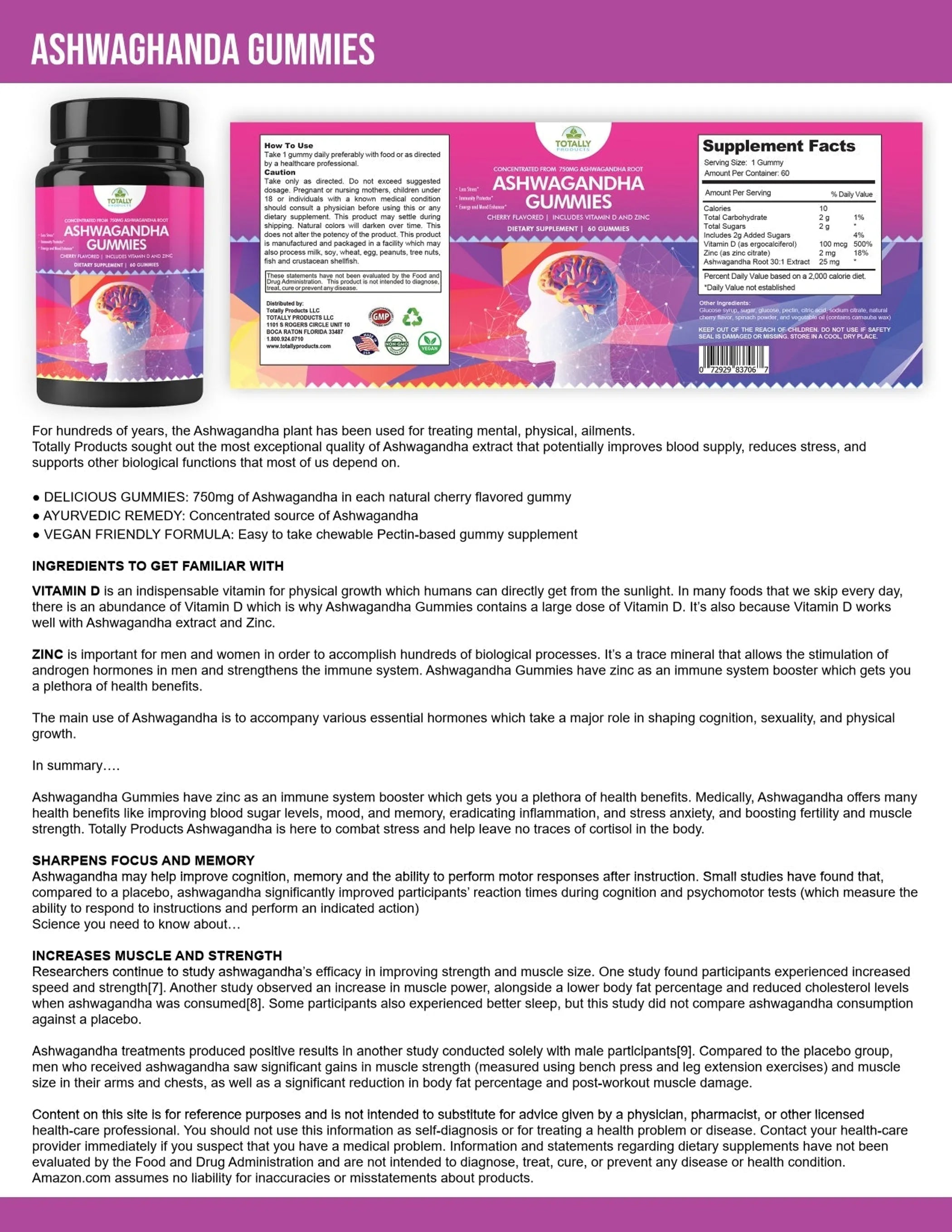 Totally Products Ashwagandha Vegan Gummies - 180 Gummies