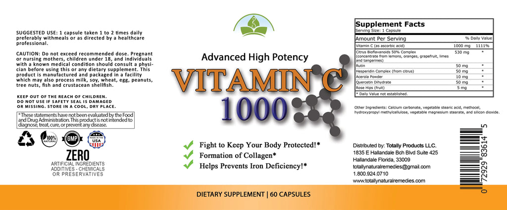 Totally Products Vitamin C 1000mg Immune Support - 180 Capsules