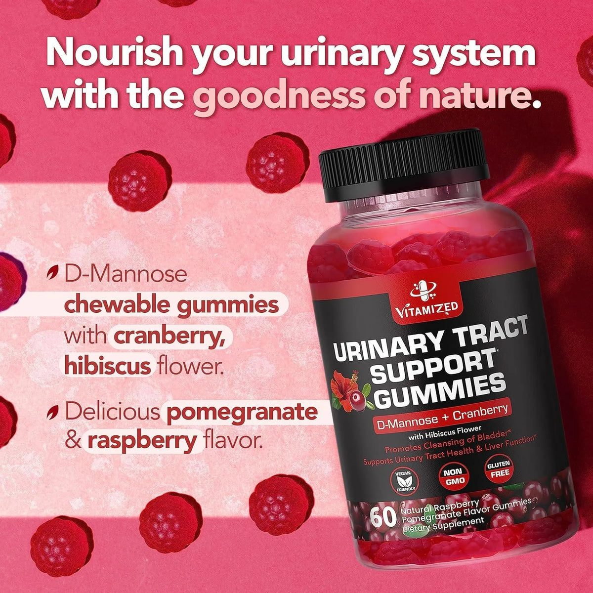 Potent Cranberry Gummies 1500mg with D Mannose Urinary Tract Health for Women & Men Urinary Flush & Bladder Fast Acting Support Supplements with Hibis