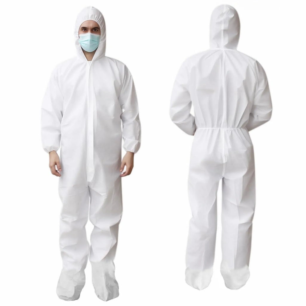 Medical Supply Disposable Coveralls for Men Women X Large Pack of 5 White Hazmat Suits Disposable with Hood Boots Elastic Cuffs Waterproof and Dense 6