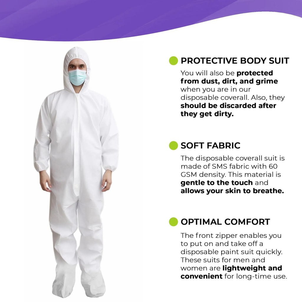 Medical Supply Disposable Coveralls for Men Women X Large Pack of 5 White Hazmat Suits Disposable with Hood Boots Elastic Cuffs Waterproof and Dense 6