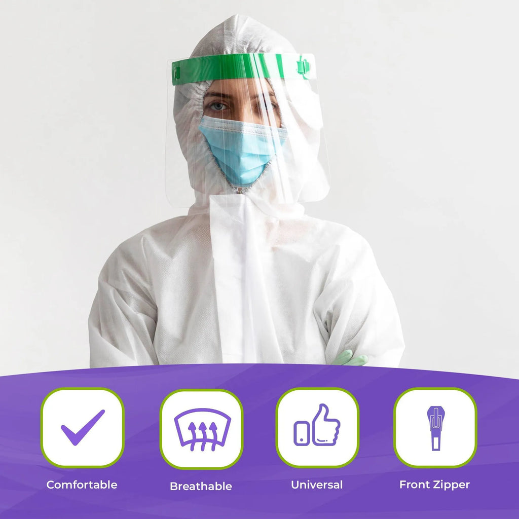 Medical Supply Disposable Coveralls for Men Women X Large Pack of 5 White Hazmat Suits Disposable with Hood Boots Elastic Cuffs Waterproof and Dense 6